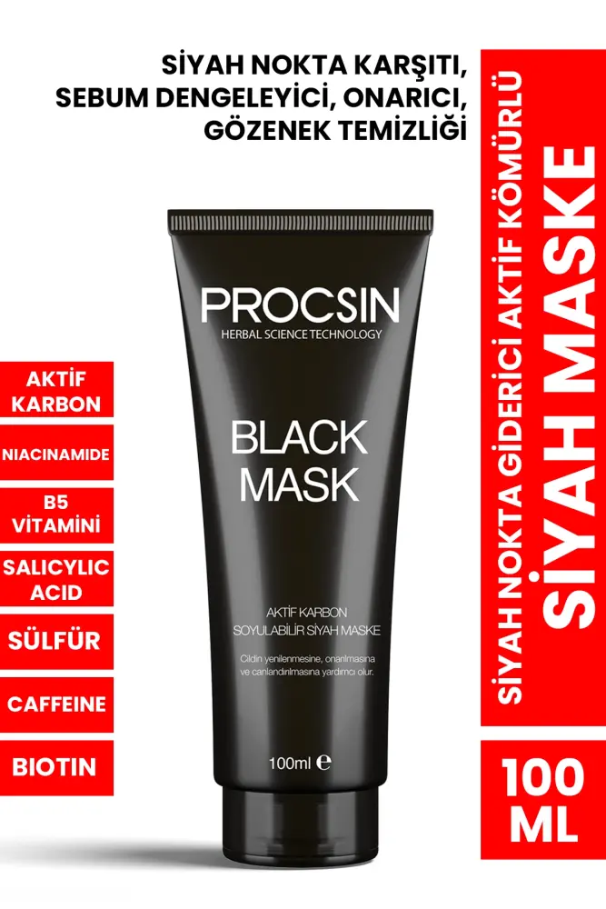 PROCSIN Siyah Nokta Giderici Aktif Kömürlü Siyah Maske 100 ML - 1
