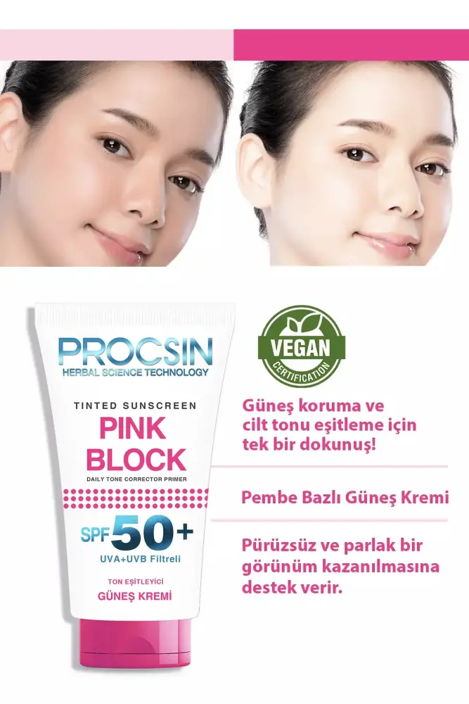 PROCSIN Pink Block Aydınlatıcı ve Ton Eşitleyici SPF50+ Güneş Kremi 50 ML - 2