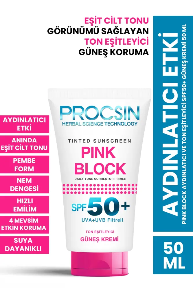 PROCSIN Pink Block Aydınlatıcı ve Ton Eşitleyici SPF50+ Güneş Kremi 50 ML - 1